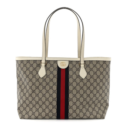 Gucci GG Supreme Monogram Textured Dollar Calfskin Web Medium Ophidia Shopping Tote Beige Ebony Mystic White 1 of 10