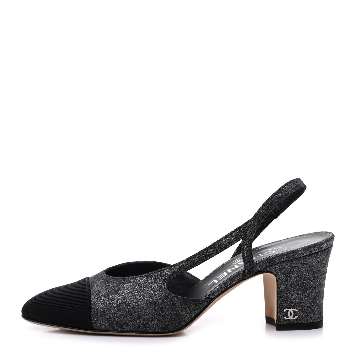 Chanel Lambskin Grosgrain Cap Toe CC Slingback Sandals 35.5 Black Silver 1 of 12