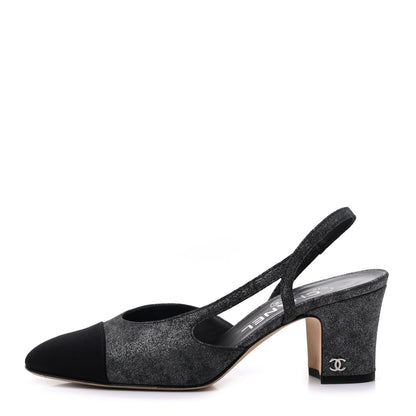 Chanel Lambskin Grosgrain Cap Toe CC Slingback Sandals 35.5 Black Silver 1 of 12