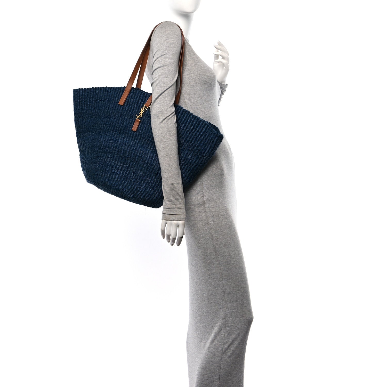 Saint Laurent Raffia Calfskin Medium Panier Tote Blue Orchid Brick 2 of 11