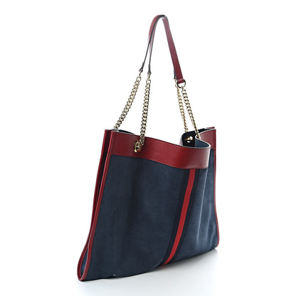 Gucci X MLB Suede Calfskin NY Yankees Large Rajah Chain Tote New Blue Romantic Cherry 4 of 12