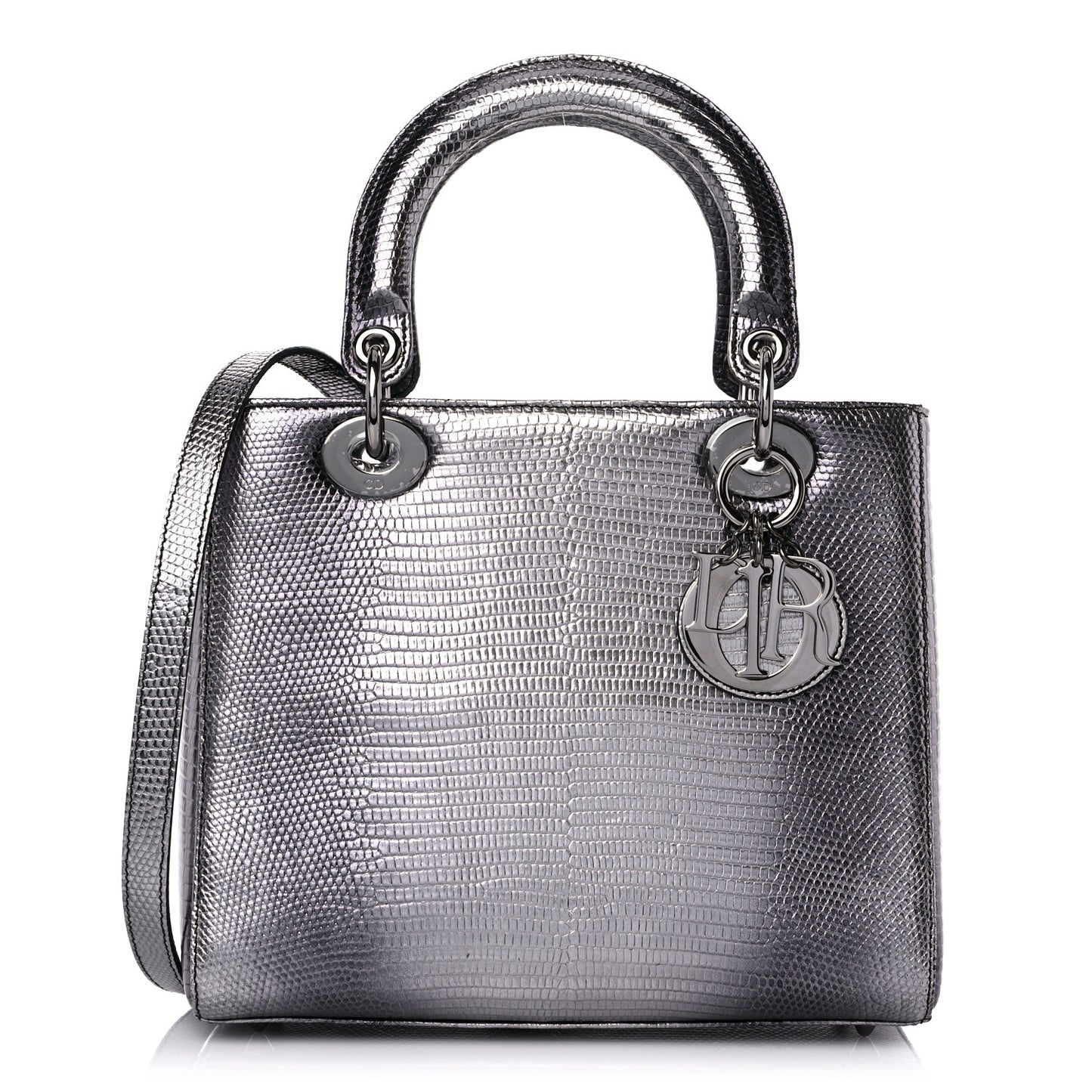Metallic Lizard Medium Lady Dior Silver