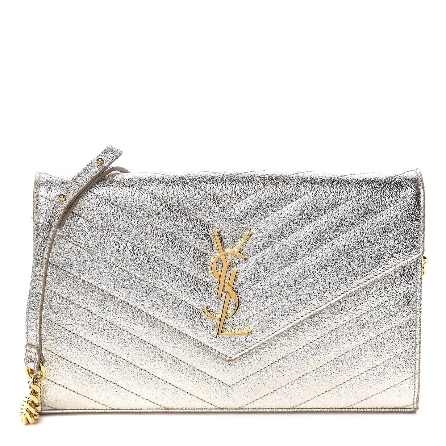 Metallic Crackled Calfskin Matelasse Chevron Monogram Chain Wallet Gold