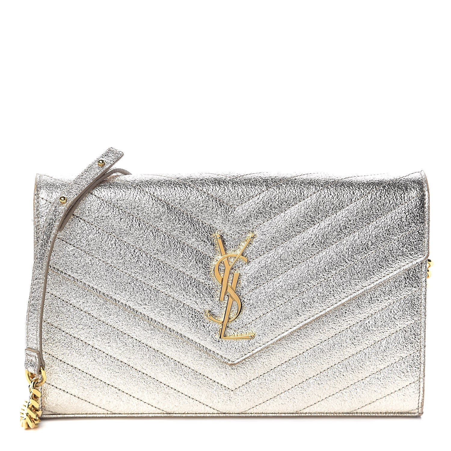 Saint Laurent Metallic Crackled Calfskin Matelasse Chevron Monogram Chain Wallet Gold 1 of 8