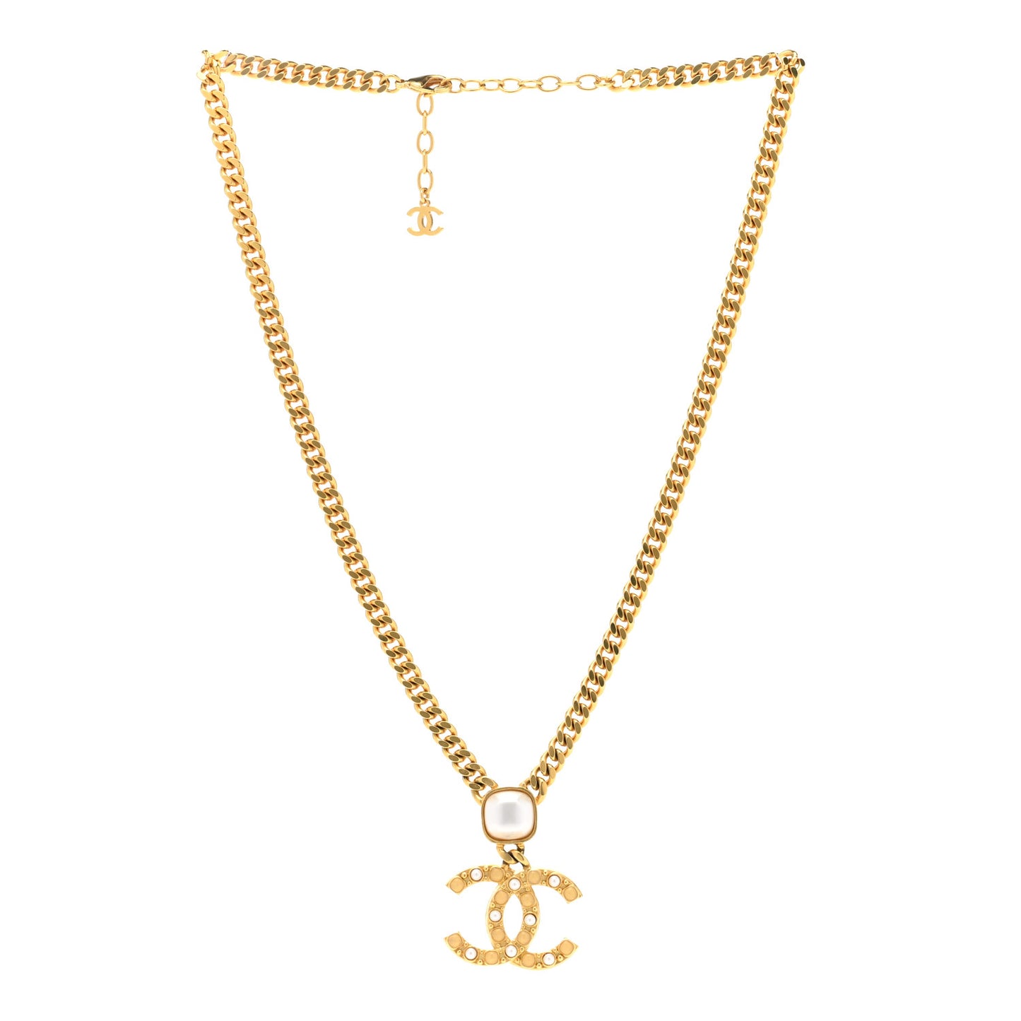 Metal Pearl CC Chain Pendant Necklace Gold