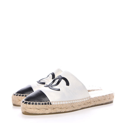 Chanel Iridescent Goatskin CC Espadrille Mules 36 Ivory Black 3 of 13