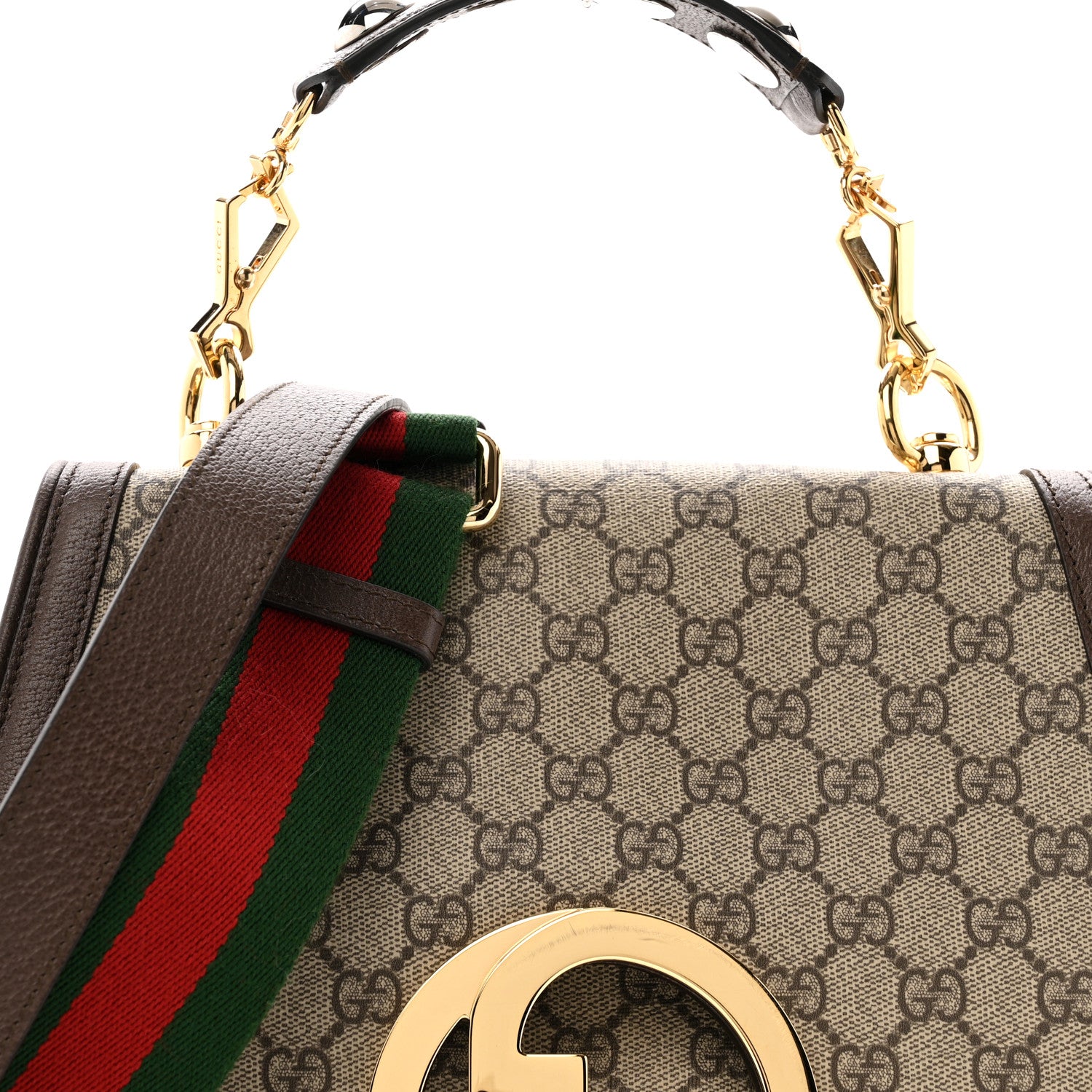 Gucci GG Supreme Monogram Textured Dollar Calfskin Web Medium Blondie Top Handle Shoulder Flap Bag Beige Ebony New Acero 8 of 13