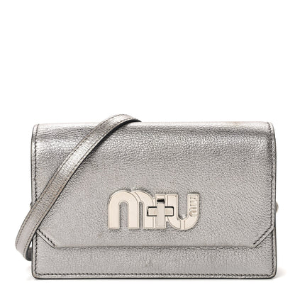 Miu Miu Metallic Goatskin Madras Mini Miu Logo Shoulder Bag Cromo 1 of 8