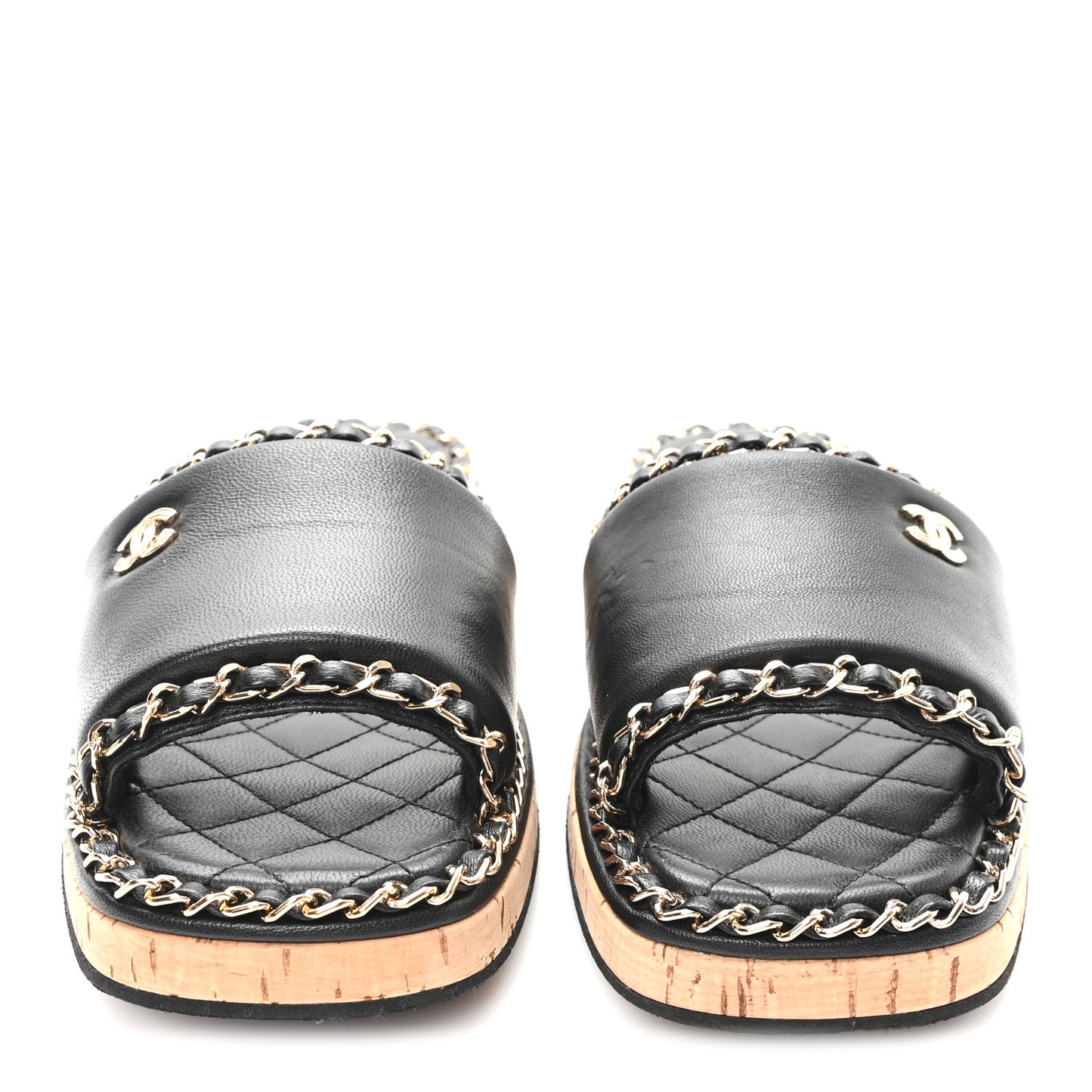 Lambskin Chain Cork Slide Sandals 37 Black