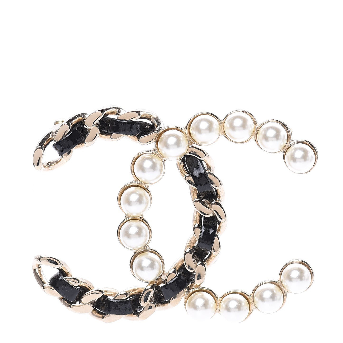 Lambskin Pearl CC Chain Brooch Black Gold