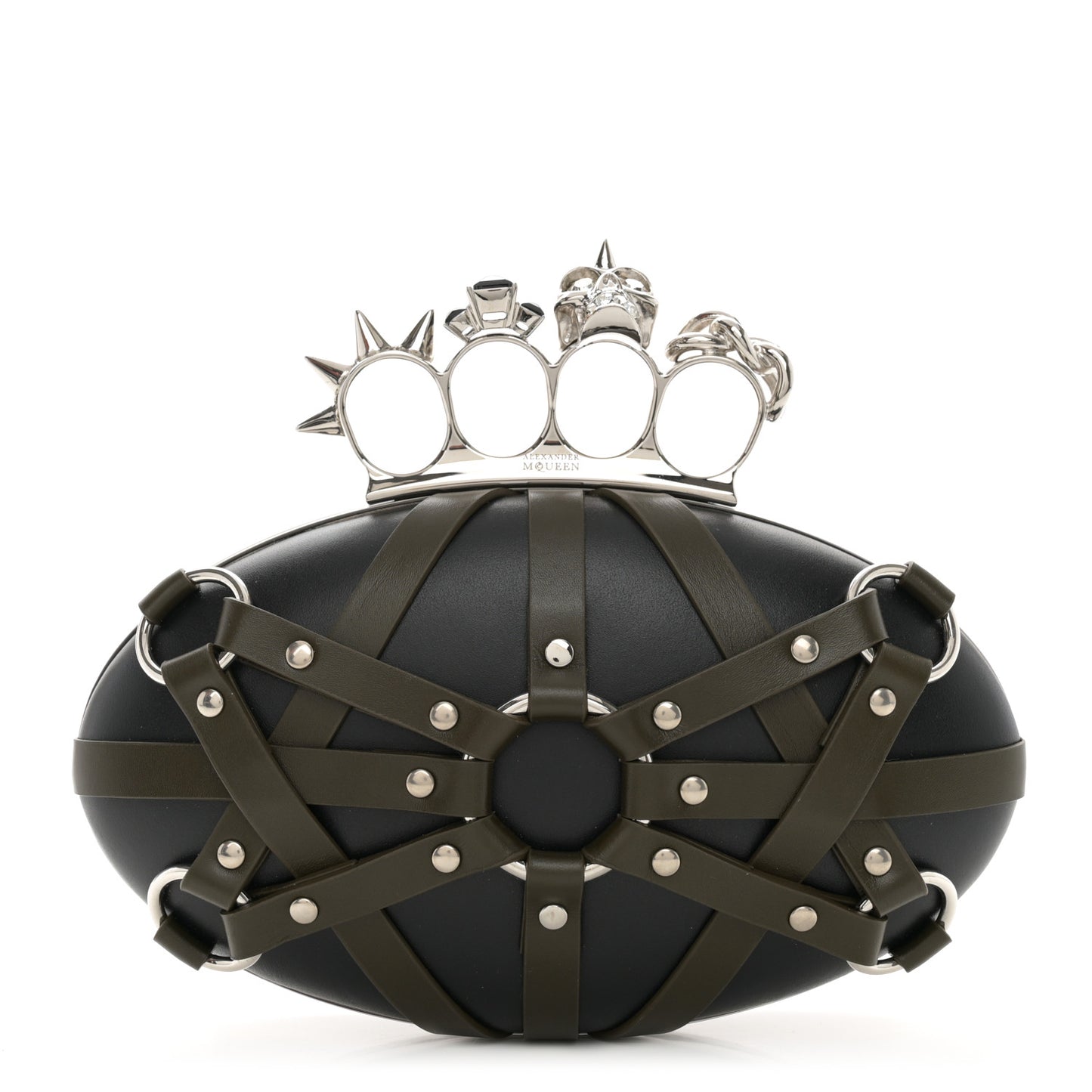 Nappa Harness Skull Knuckle Oval Box Clutch Black