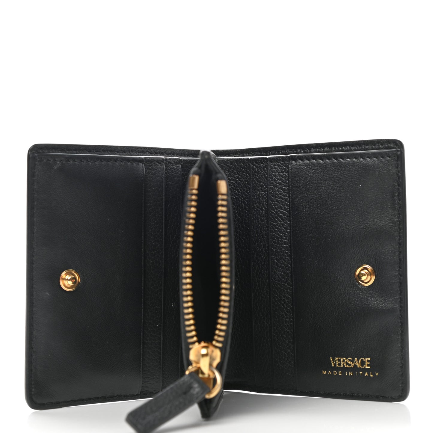Grained Calfskin Medusa Zip Card Holder Wallet Black