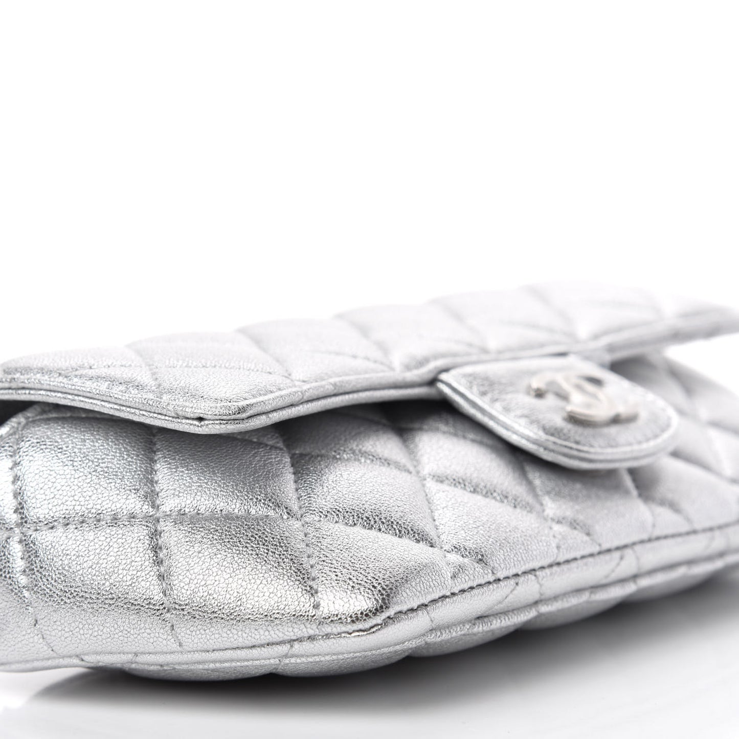 Metallic Lambskin Quilted Glasses Case With Chain Silver