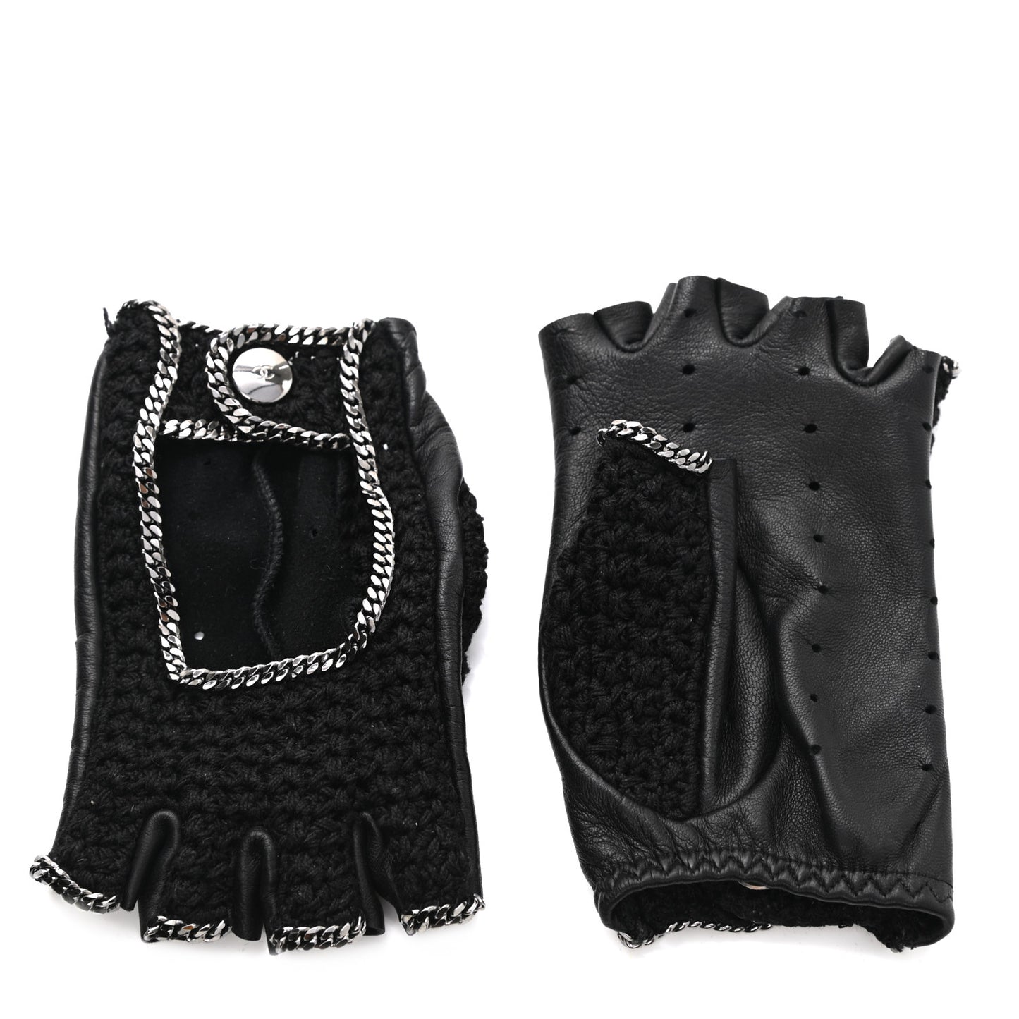 Lambskin Crochet Chain CC Fingerless Gloves 7 Black
