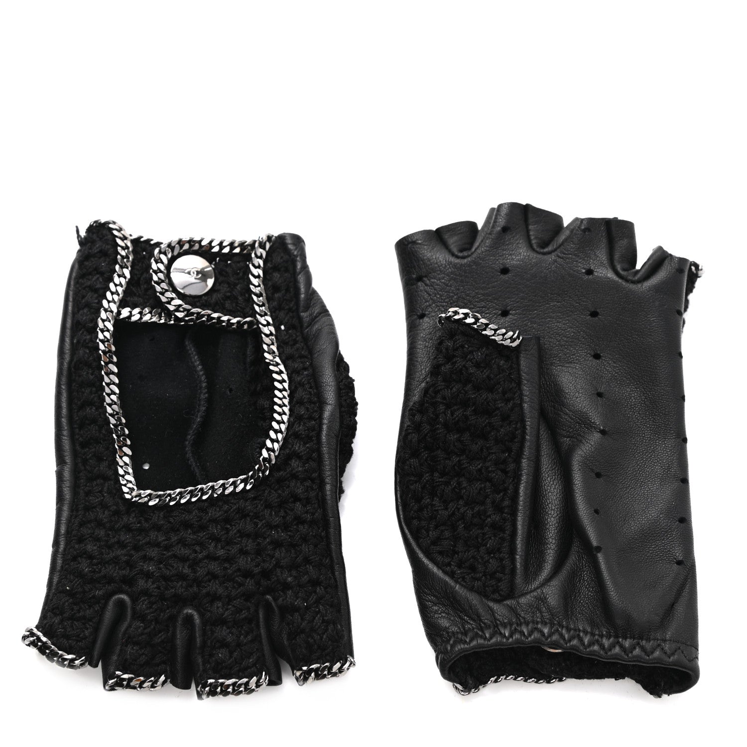 Chanel Lambskin Crochet Chain CC Fingerless Gloves 7 Black 1 of 6
