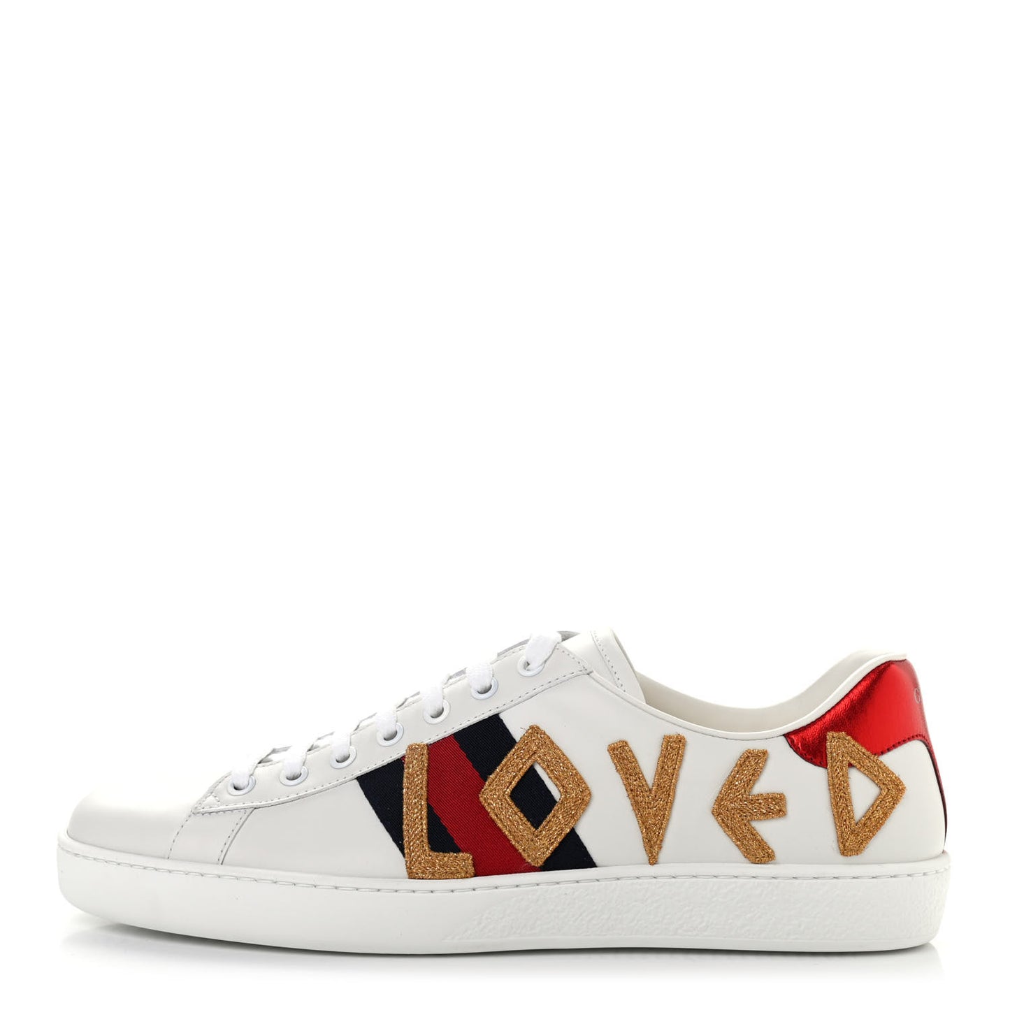 Calfskin Nappa Web LOVED Embroidered Mens Ace Sneakers 9 White Red Flame Notte