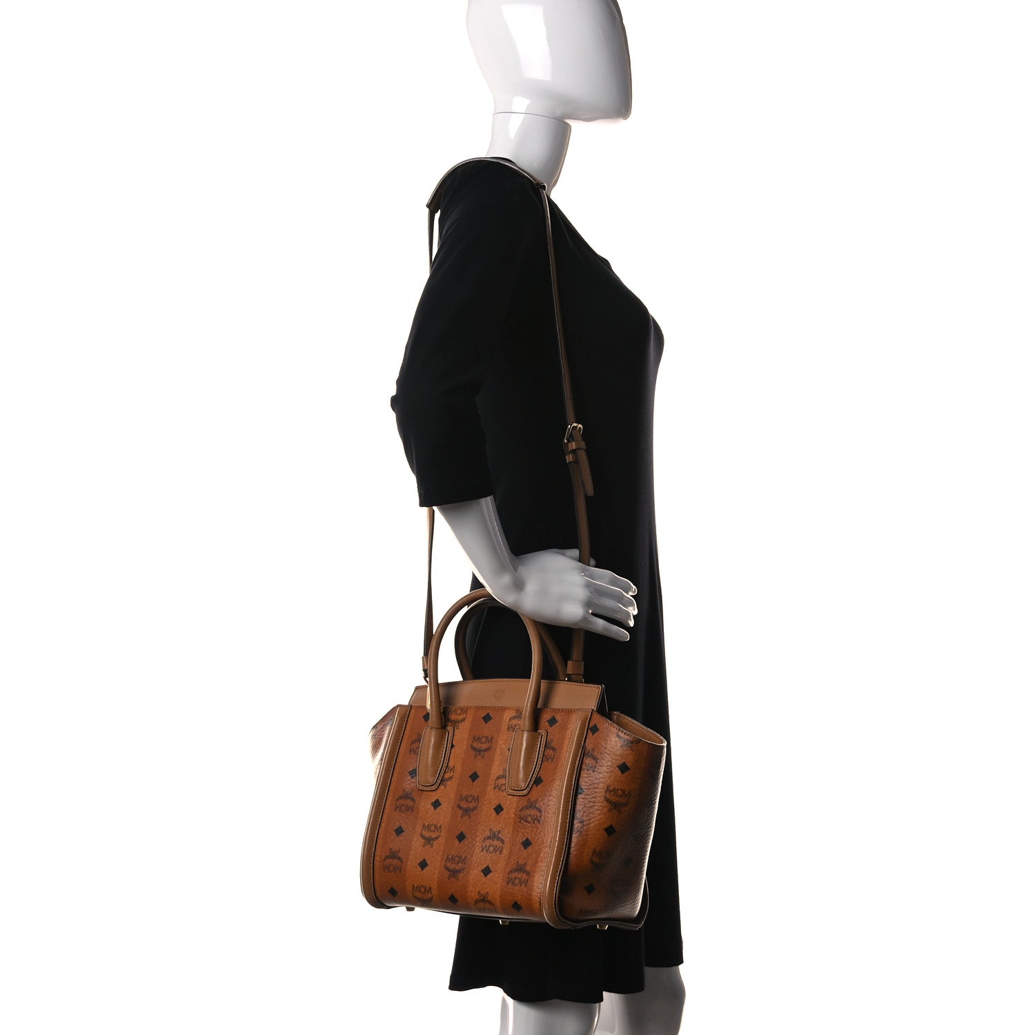 MCM Striped Visetos Small Kathy Double Zip Tote Cognac 979695