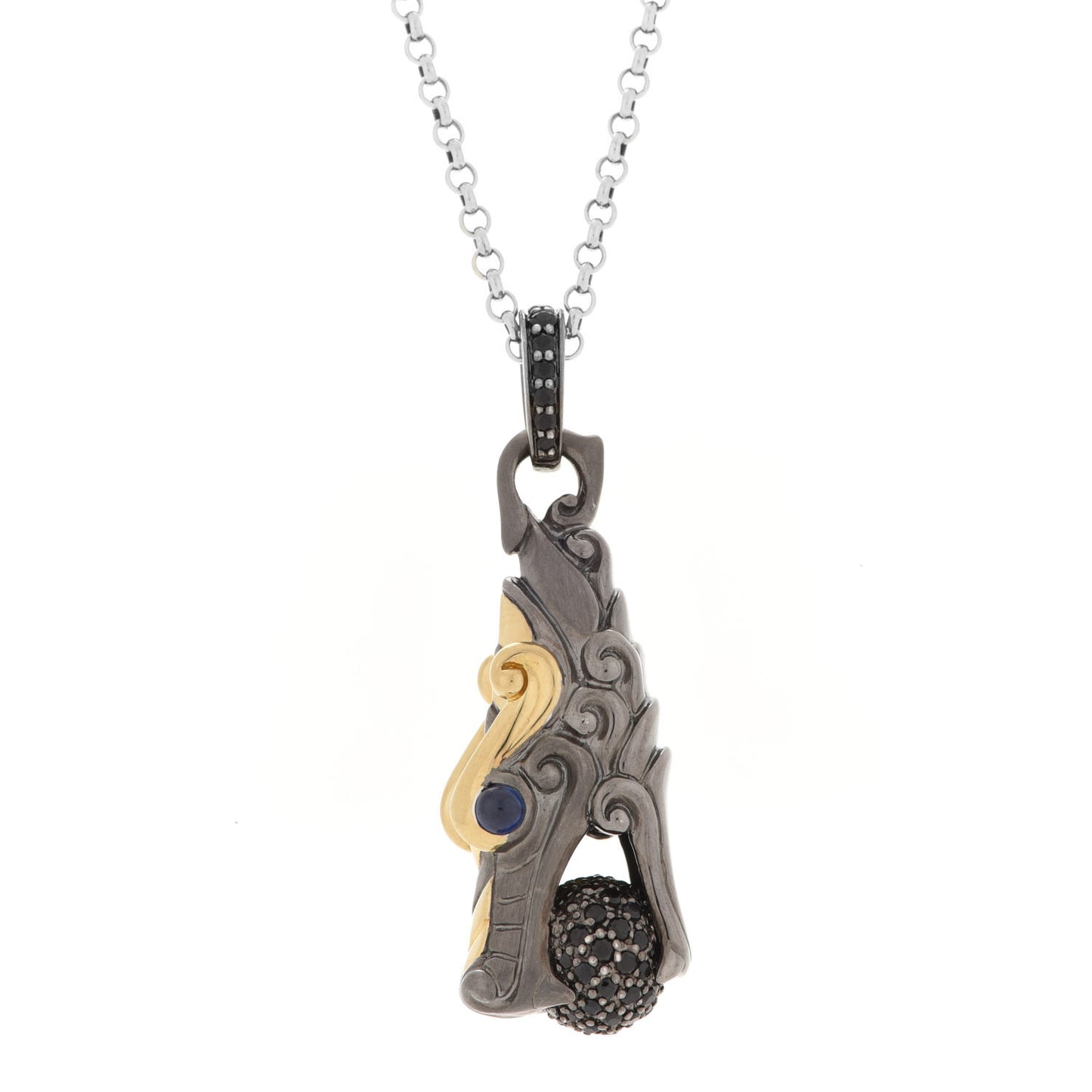 Sterling Silver 18K Yellow Gold Black Sapphire Legends Naga Dragon Head Necklace