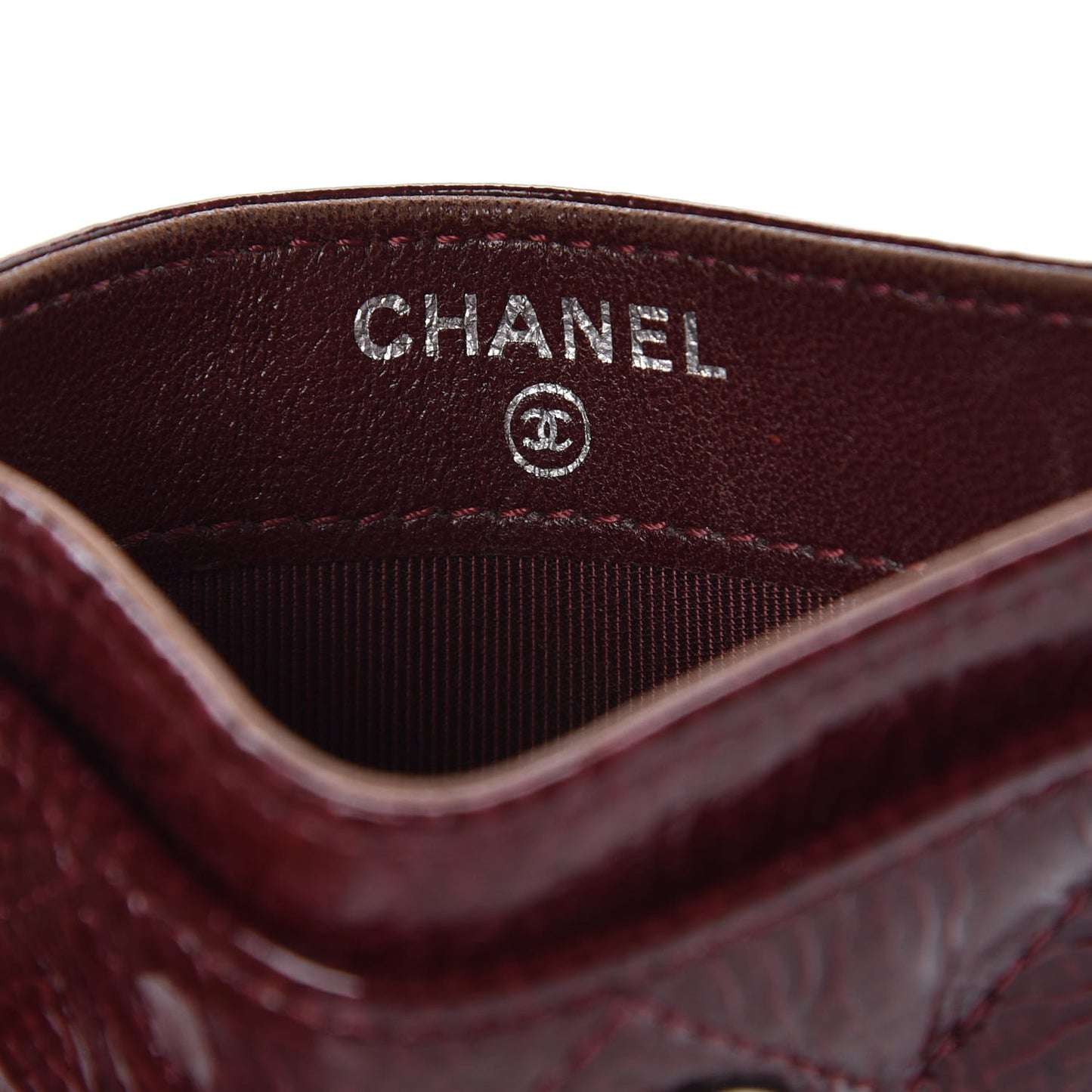 Distressed Patent Quilted Card Holder Bordeaux