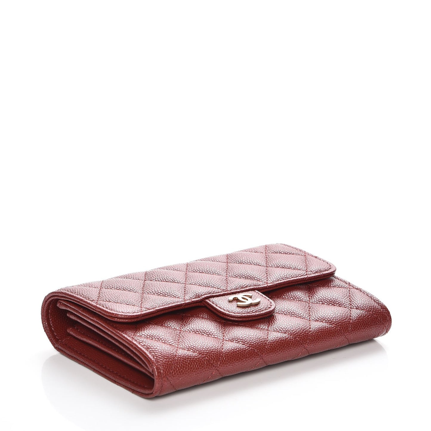 Iridescent Caviar Quilted Medium Flap Wallet Burgundy