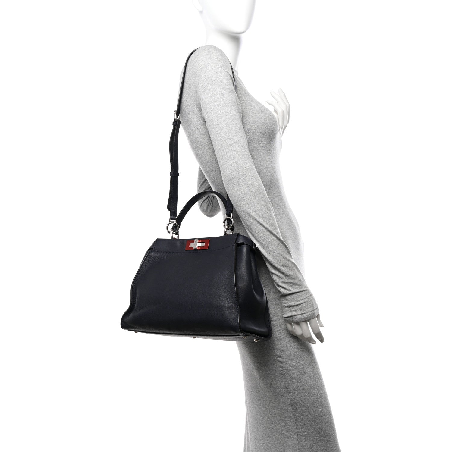 Fendi Vitello Seta Shiny Nappa Medium Peekaboo Iconic Satchel Blue Notte Ardesia 2 of 12