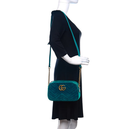 Gucci Velvet Matelasse Small GG Marmont Chain Shoulder Bag Pavone Cyan 2 of 10