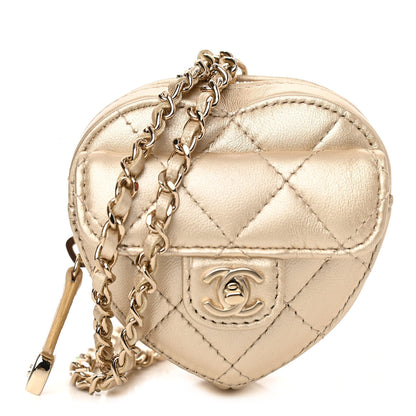 Chanel Metallic Lambskin Quilted CC In Love Heart Coin Purse With Chain Gold 1 of 11