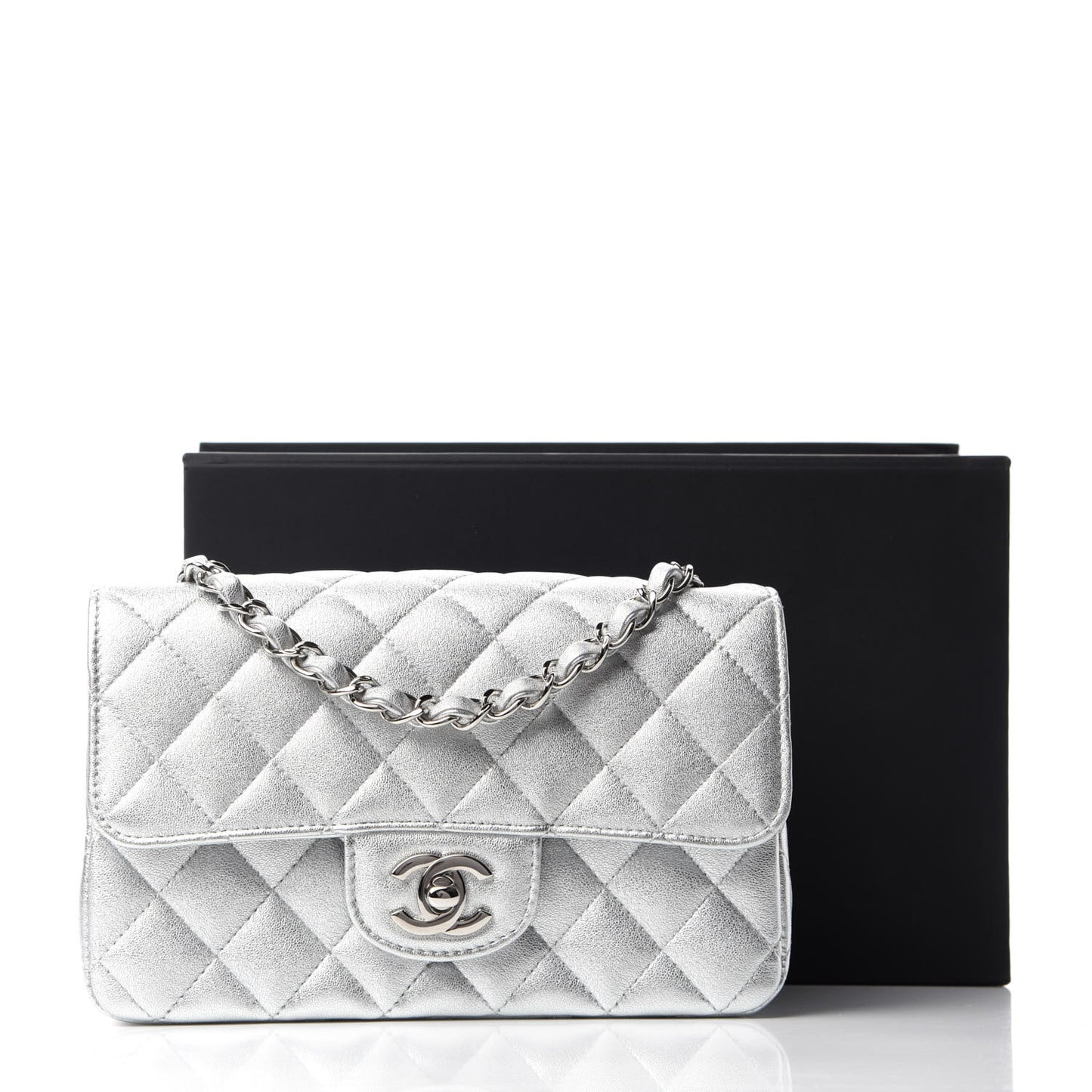 Metallic Lambskin Quilted Mini Rectangular Flap Silver