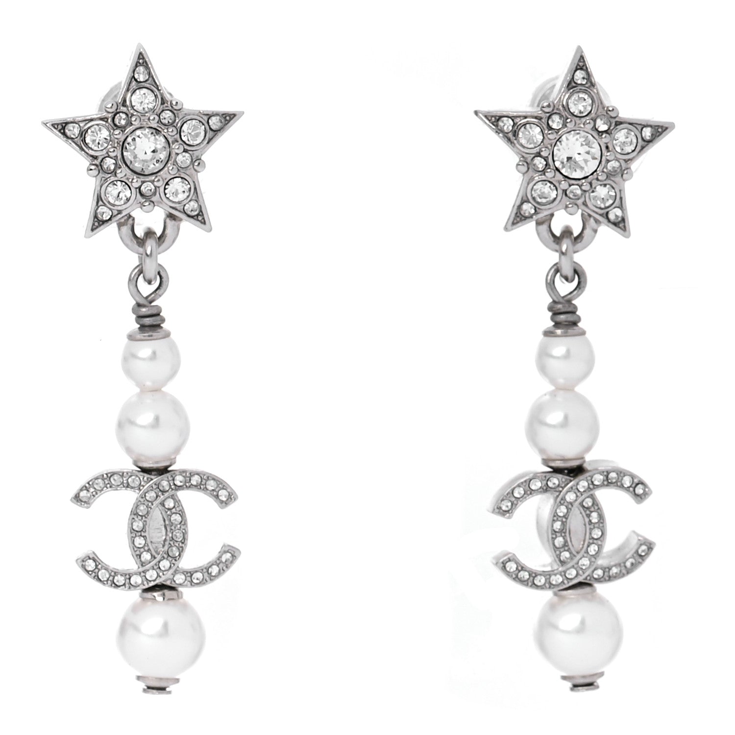 Chanel Crystal Pearl CC Star Drop Earrings Silver 1 of 5