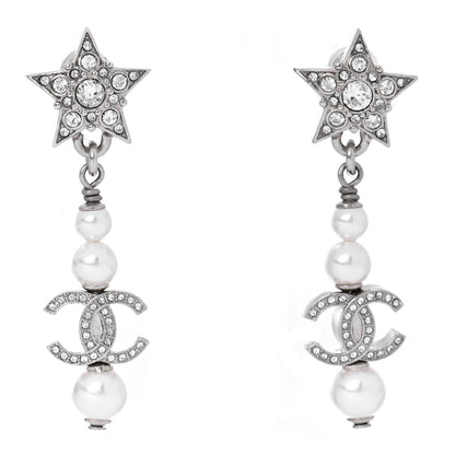 Chanel Crystal Pearl CC Star Drop Earrings Silver 1 of 5