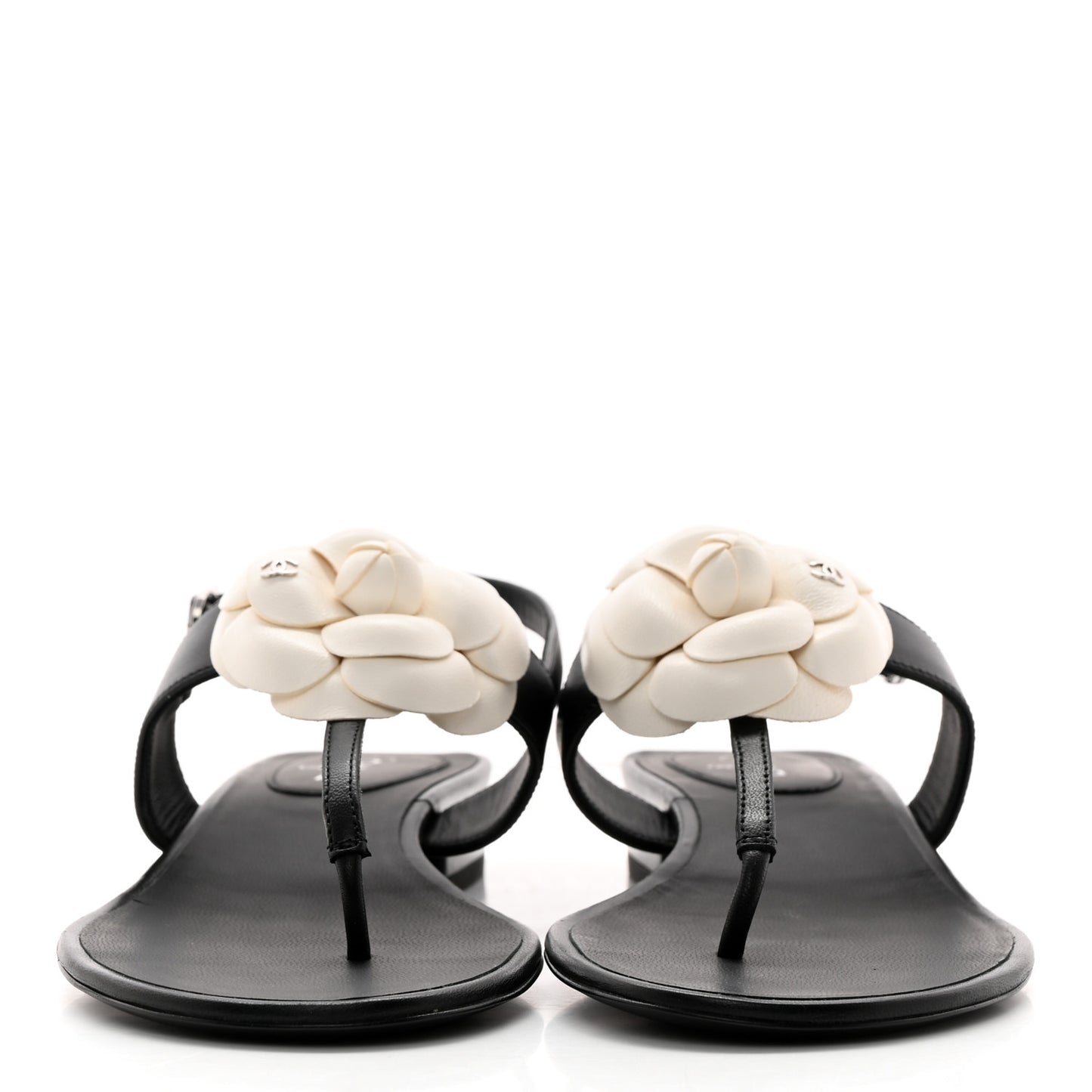 Lambskin Camellia Thong Sandals 39 Black White
