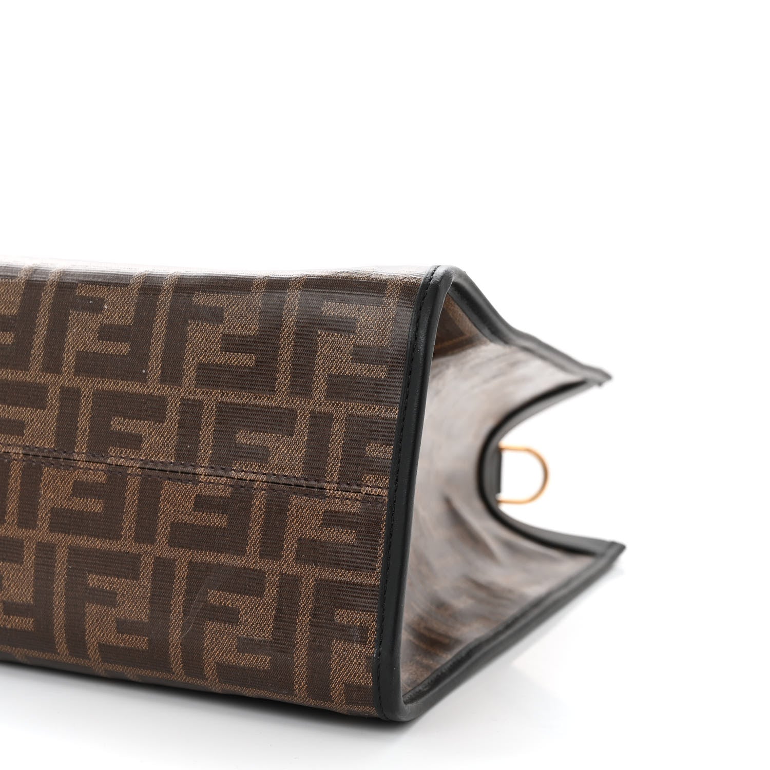 Fendi Glazed Fabric Vitello Century Plexiglass FF 1974 Stamp Patch Medium Runaway Shopper Tote Mogano Panna Black 10 of 12
