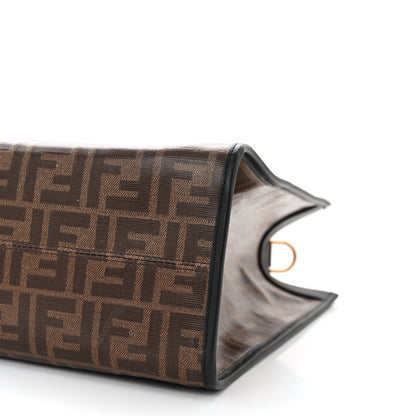 Fendi Glazed Fabric Vitello Century Plexiglass FF 1974 Stamp Patch Medium Runaway Shopper Tote Mogano Panna Black 10 of 12