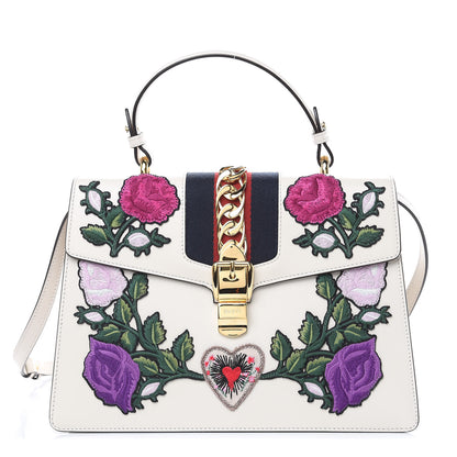 Gucci Calfskin Embroidered Medium Sylvie Top Handle Bag White 1 of 11