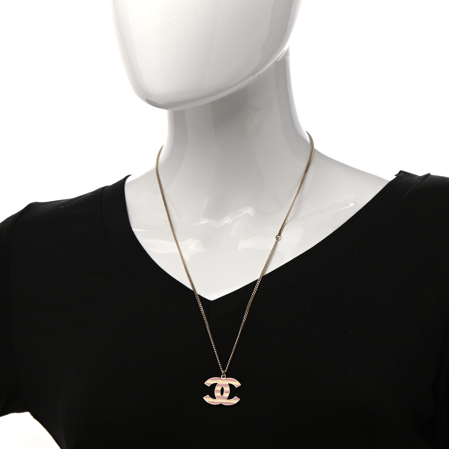Enamel Striped CC Necklace Gold Ivory Pink