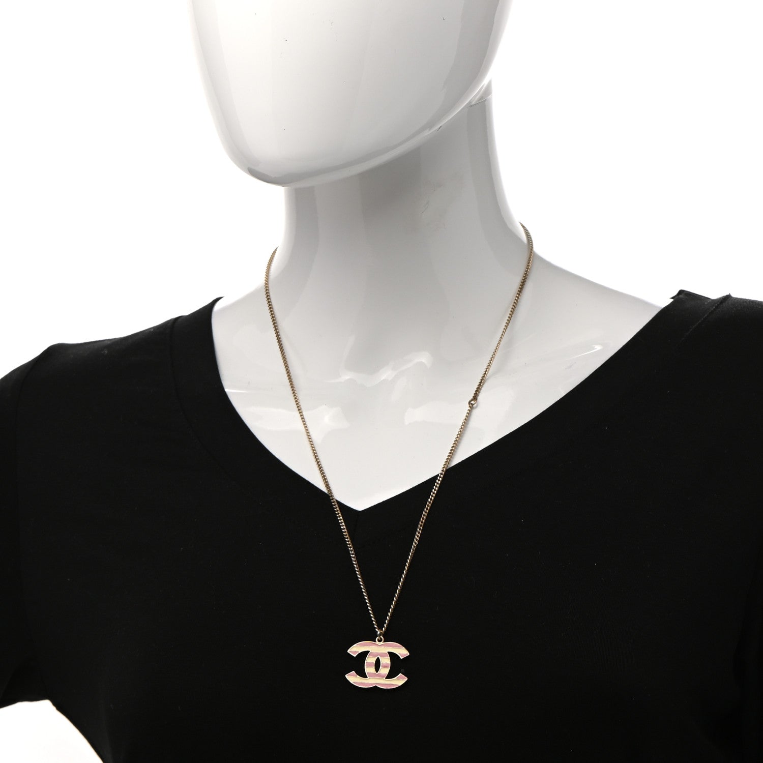 Chanel Enamel Striped CC Necklace Gold Ivory Pink 2 of 7