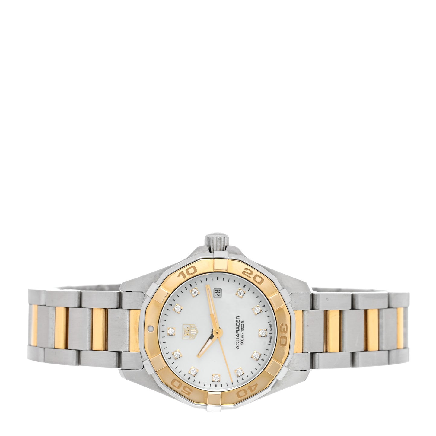 Stainless Steel 18K Yellow Gold Diamond Mother of Pearl 27mm Aquaracer Lady Quartz Watch WAY1451