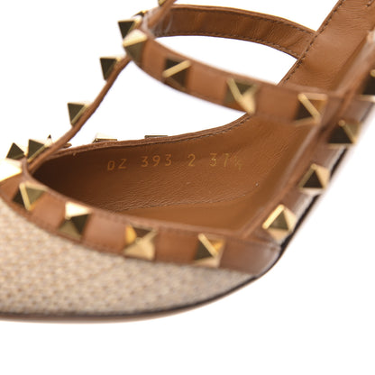 Valentino Garavani Raffia Calfskin Rockstud Ankle Strap 100mm Pumps 37.5 Natural Saddle Brown 8 of 9