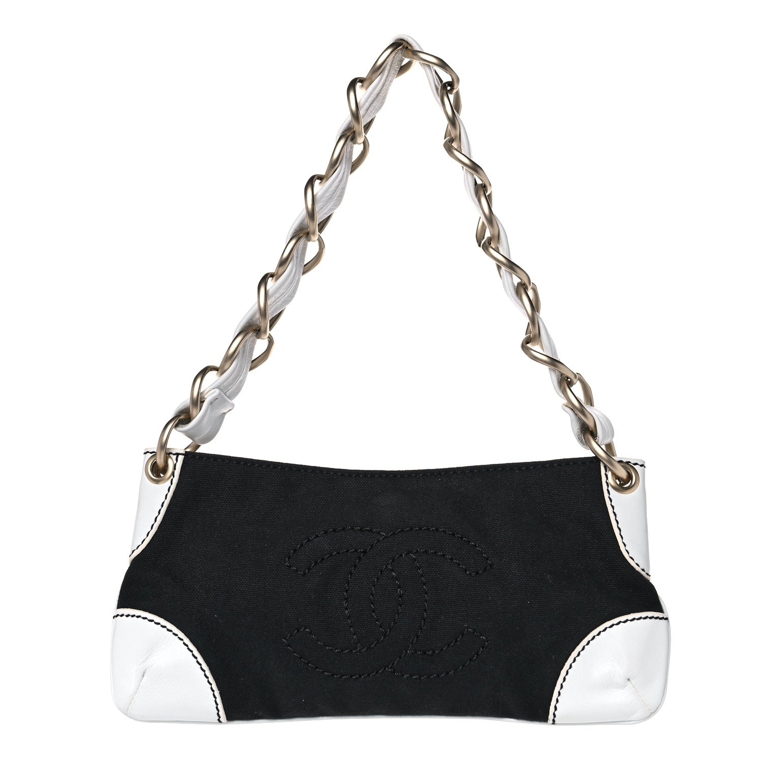 Chanel Lambskin Canvas CC Small Olsen Chain Shoulder Bag White Black 1 of 12