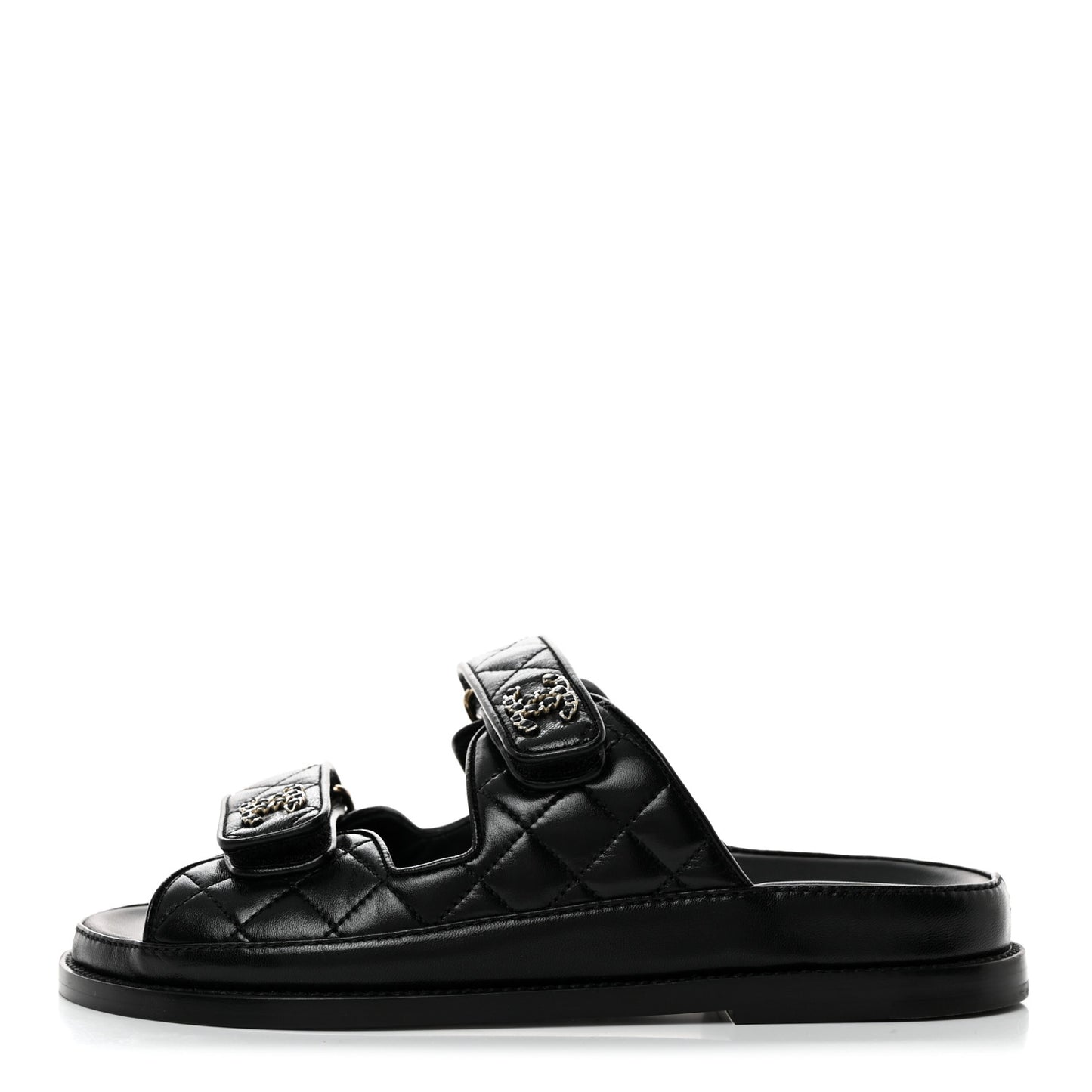 Lambskin Quilted Velcro Dad Chain CC Slide Sandals 37 Black