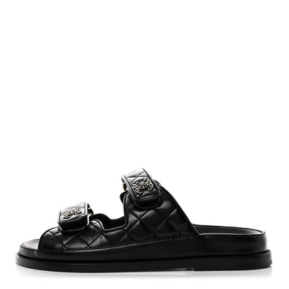 Chanel Lambskin Quilted Velcro Dad Chain CC Slide Sandals 37 Black 1 of 11
