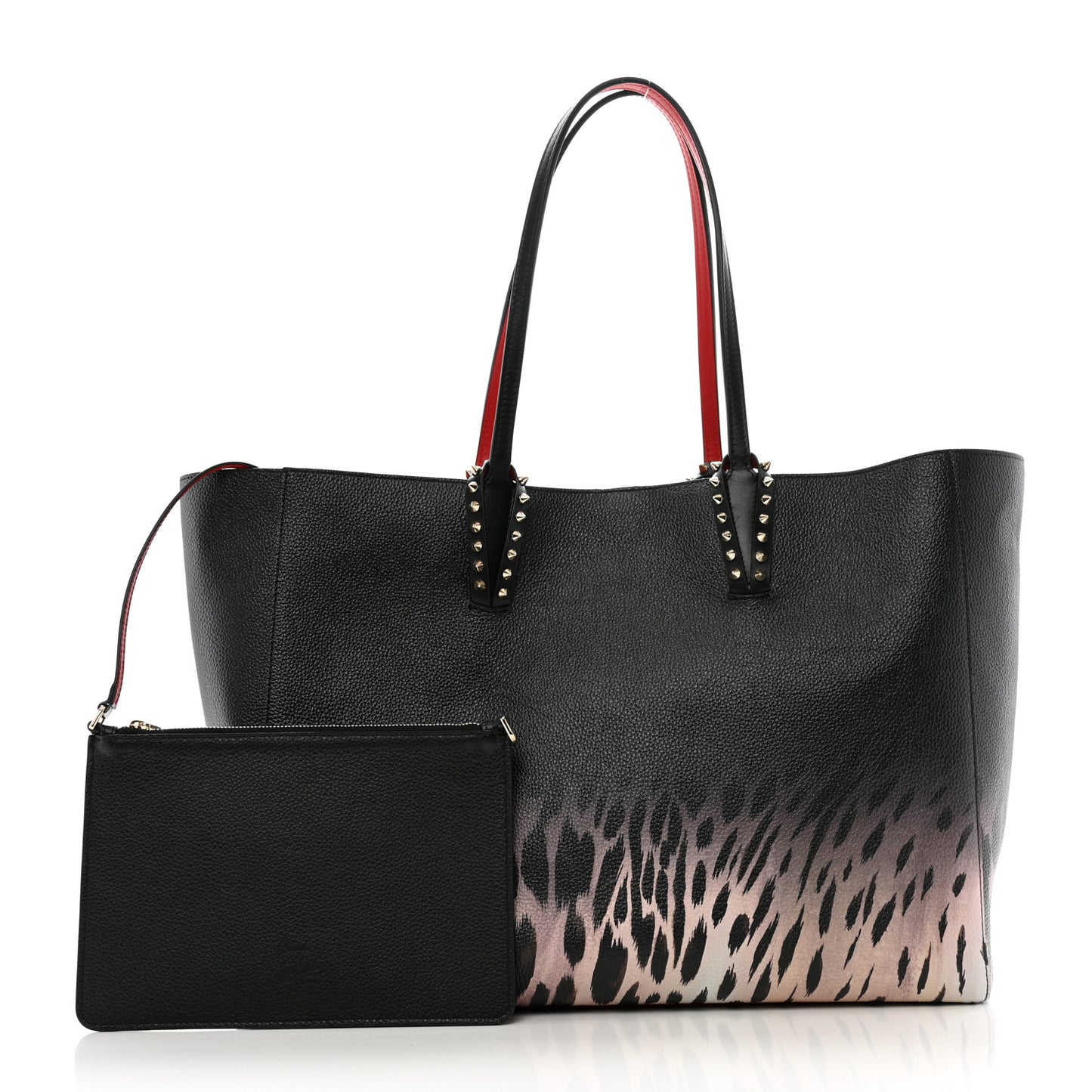 Calfskin Degrade Leopard Print Spikes East West Cabata Tote Black Multi