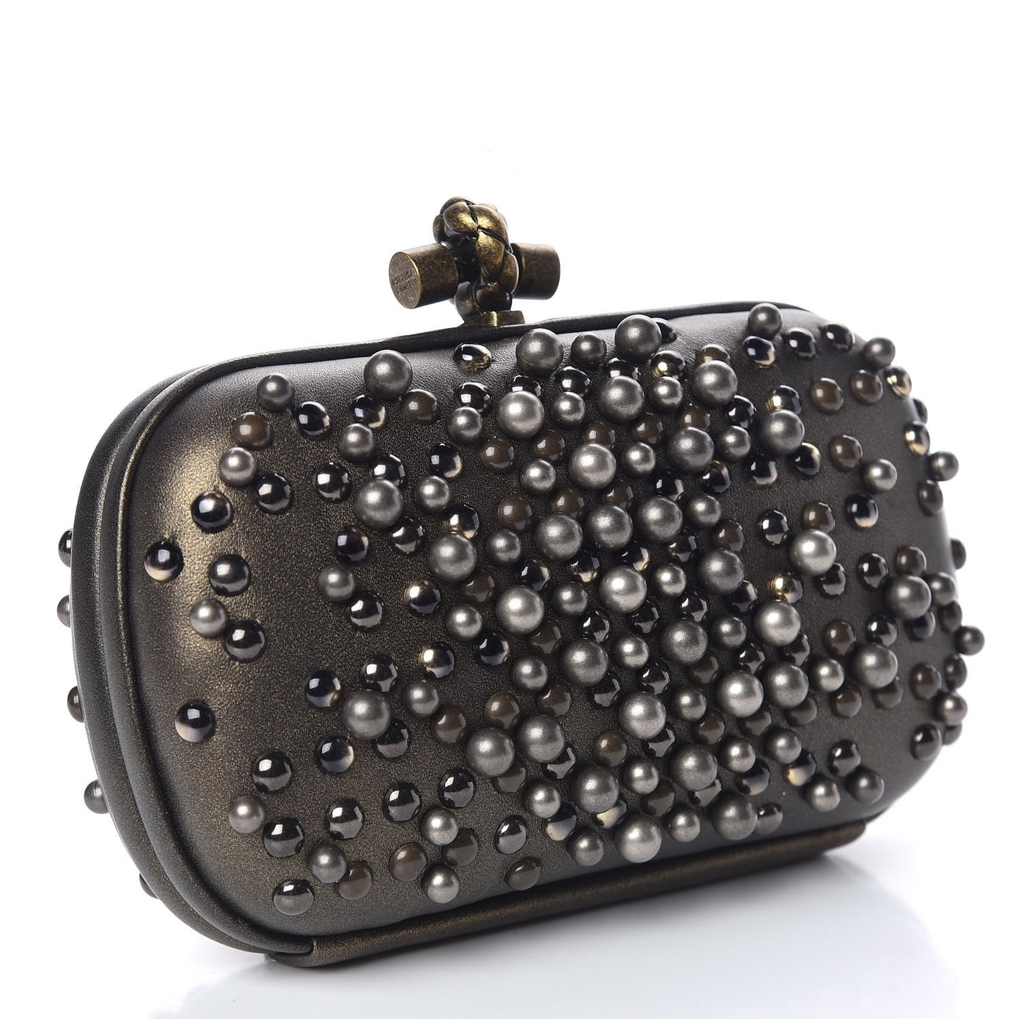 Nappa Pearl Embellished Knot Studded Clutch Gold