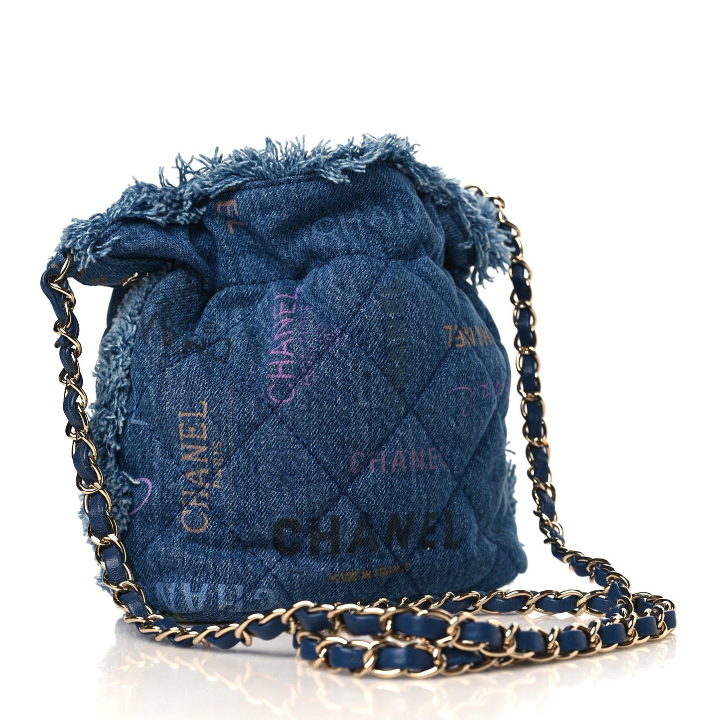 Denim Quilted Small Mood Bucket With Chain Blue Multicolor
