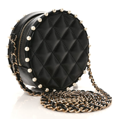 Chanel Calfskin Quilted Pearl Round Clutch With Chain Black 3 of 10