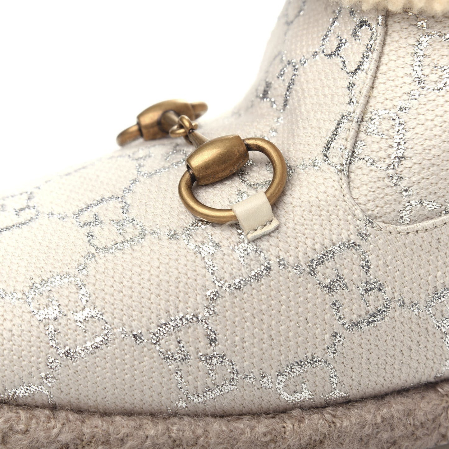 Canvas Wool Lame GG Monogram Womens Fria Horsebit Ankle Boots 36 Gardenia Silver Butterscotch