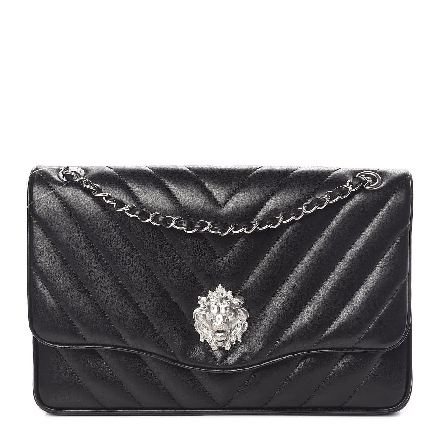 Lambskin Chevron Jumbo Leo Lion Flap Black