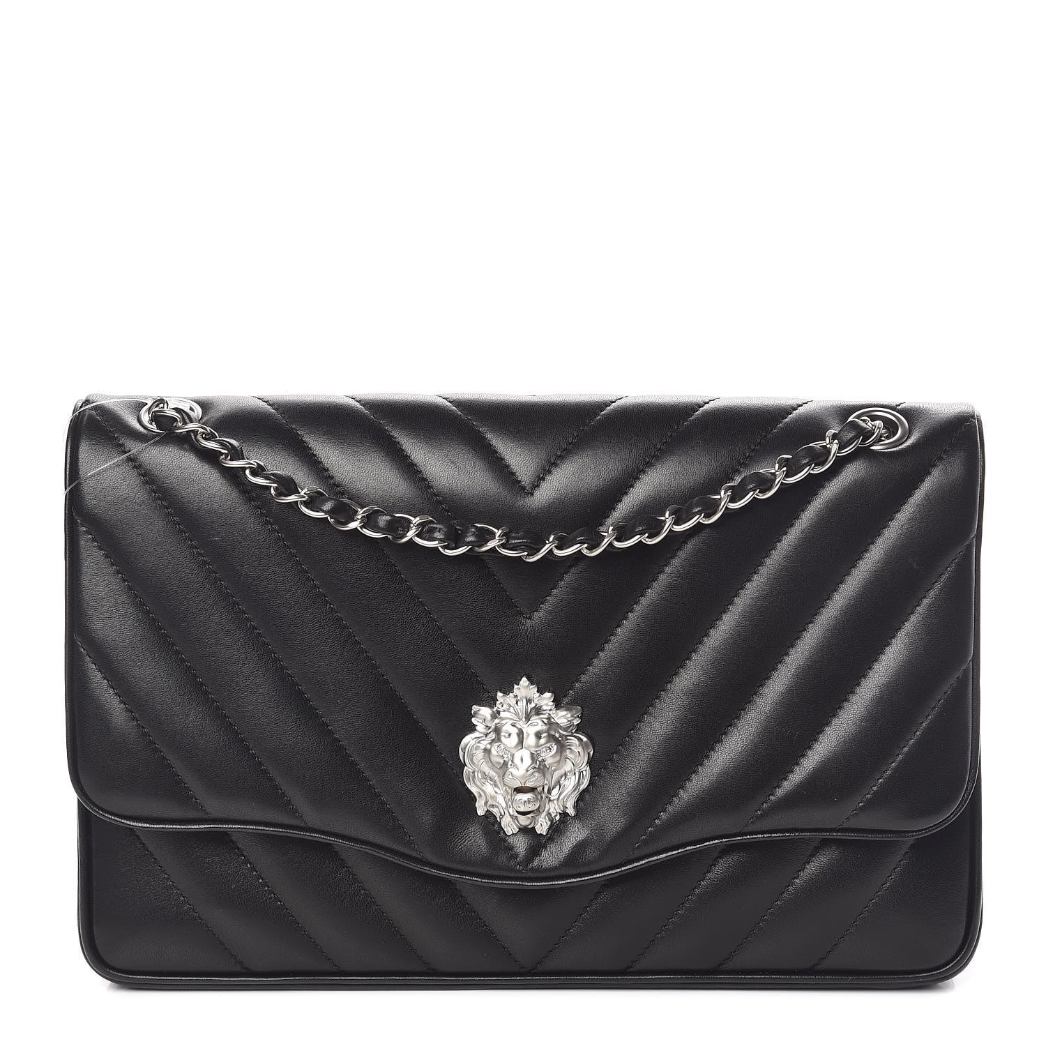 Chanel Lambskin Chevron Jumbo Leo Lion Flap Black 1 of 19
