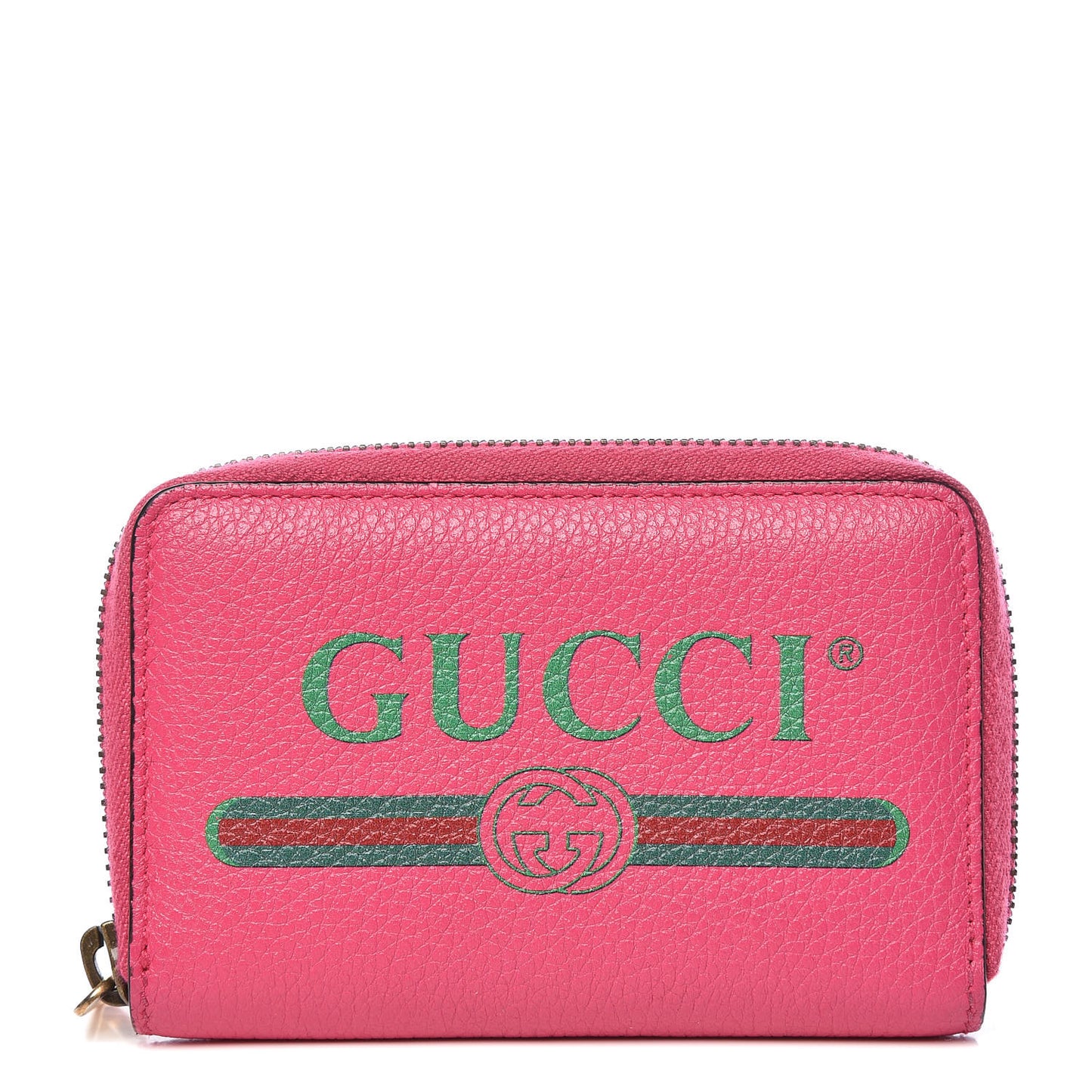 Grained Calfskin Logo Zip Around Card Case Box Pink Green