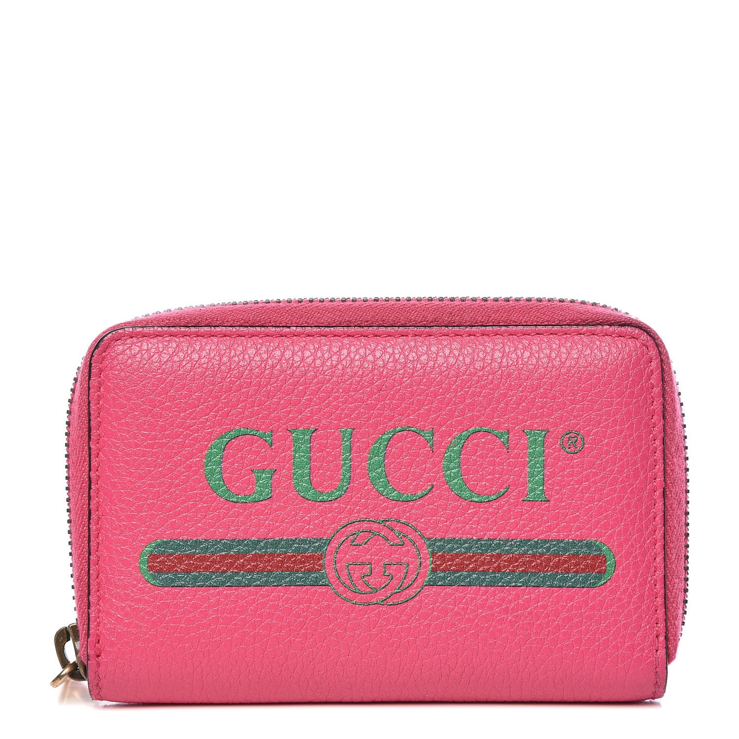 Gucci Grained Calfskin Logo Zip Around Card Case Box Pink Green 1 of 7